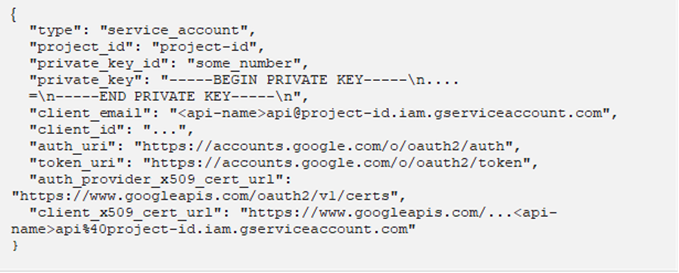 { "type": "service_account", "project_id": "project-id", "private_key_id": "some_number", "private_key": "-----BEGIN PRIVATE KEY-----\n.... =\n-----END PRIVATE KEY-----\n", "client_email": "<api-name>api@project-id.iam.gserviceaccount.com", "client_id": "...", "auth_uri": "https://accounts.google.com/o/oauth2/auth", "token_uri": "https://accounts.google.com/o/oauth2/token", "auth_provider_x509_cert_url": "https://www.googleapis.com/oauth2/v1/certs", "client_x509_cert_url": "https://www.googleapis.com/...<api-name>api%40project-id.iam.gserviceaccount.com" } 