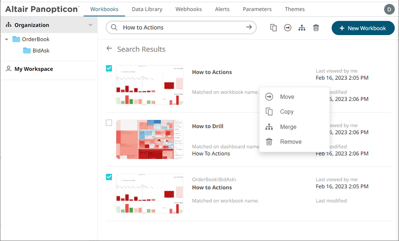 Altair Panopticon Web Authoring Help - Searching for Workbooks