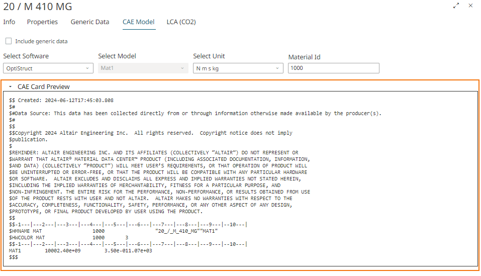 Preview of CAE Material Card
