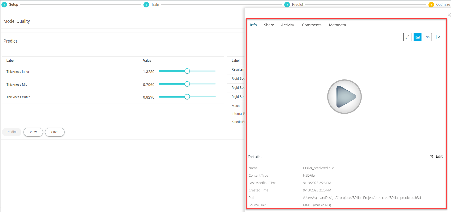 Predicted Model Preview - Info Panel