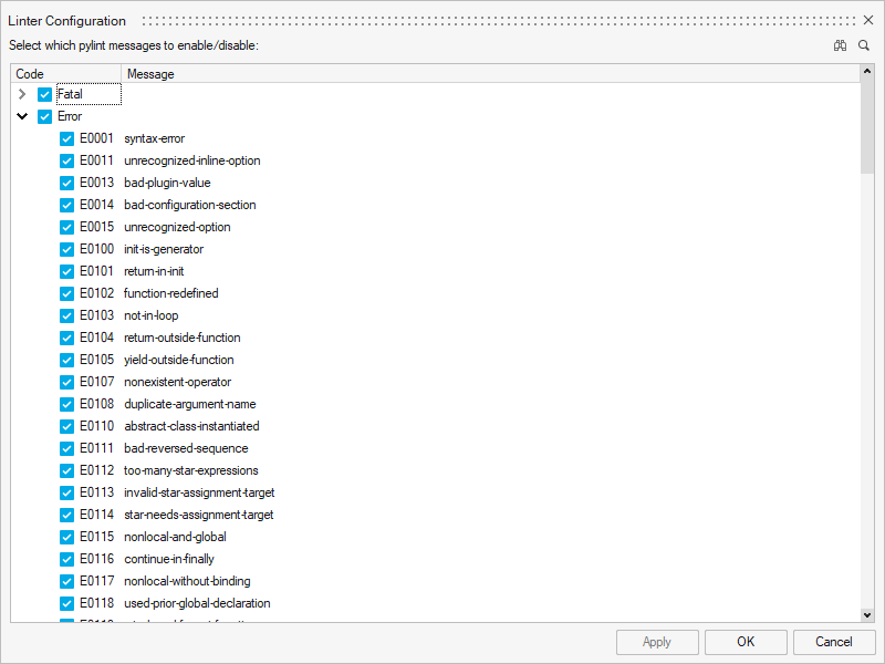 Linter Configurationダイアログ